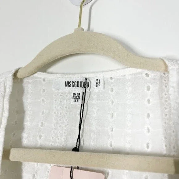 Missguided Women White Cord Broderie Tie Crop Top Eyelet Plunge V-Neck 6 NWT - Picture 4 of 12